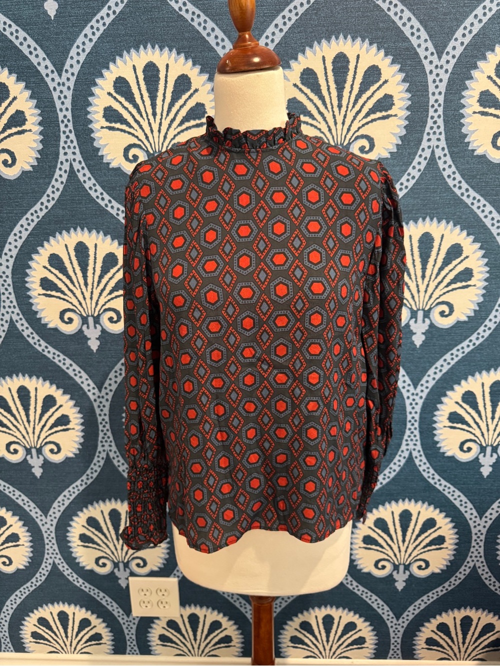 Zara Navy and Red Geometric Ruffle-Neck Blouse